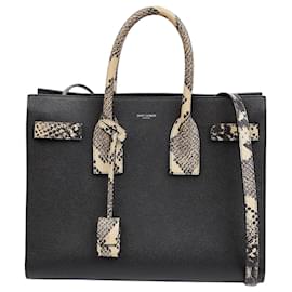 Saint Laurent Bolso Tote Sac De Jour Pequeño de Cuero con Estampado de Pitón de Hombro Negro