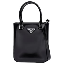 Borsa Tote Triangle Logo in pelle spazzolata Small Nera - Prada
