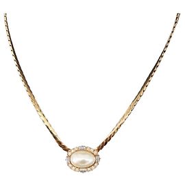 Collana Choker Christian Dior Oval Pearl Metal Gold Tone Auth SW2530