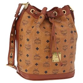 Borsa a Spalla MCM Vicetos Logogram PVC Pelle Marrone Oro Auth 192235