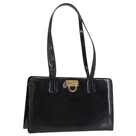 Borsa Tote Salvatore Ferragamo Gancini in vernice nera e oro Auth ka5291A