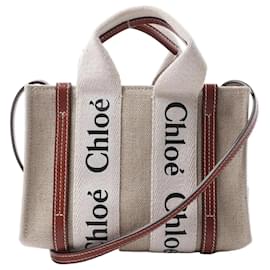 Borsa 2Way in tela e pelle Chloé Woody Mini Beige x Marrone