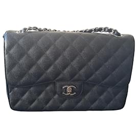 Chanel Timeless Classic Jumbo Tasche Schwarzes Leder Neu silberne Motive
