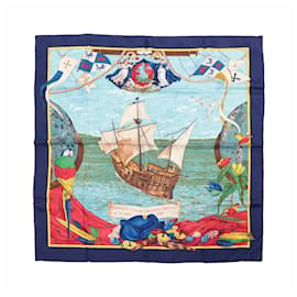 Foulard in seta Hermès Carré 90 "Christoffer Columbus decouvre l'Amerique" in blu