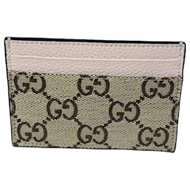 Gucci GG Supreme Canvas Card Holder with Pink Leather Trim