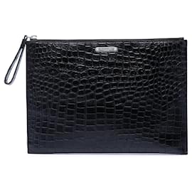 Clutch Saint Laurent in pelle nera con stampa coccodrillo