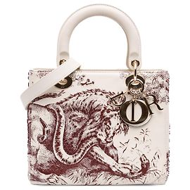 Lady Dior em couro de bezerro liso branco com bordados e miçangas Toile de Jouy, tamanho Medium