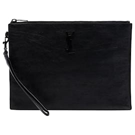 Pochette con zip Saint Laurent in pelle nera con stampa coccodrillo e monogramma