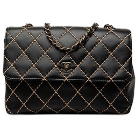 Chanel Black Jumbo CC Quilted Lambskin Wild Stitch Flap