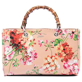 Borsa Gucci Pink Medium Calfskin Blooms Bamboo Shopper in pelle di vitello
