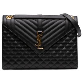Borsa a bustina Saint Laurent nera in pelle a grana fine con monogramma triquilt