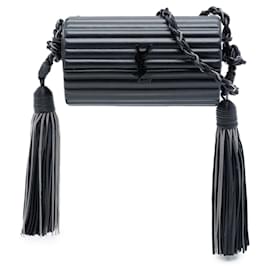 Borsa Saint Laurent Opium Box monocromatica con monogramma in pelle di agnello nera a coste in acrilico con frange