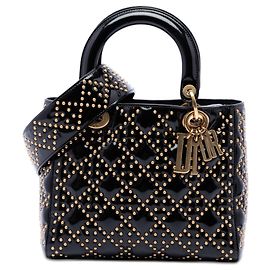 Dior Black Medium Patent Cannage Studded Supple Lady Dior