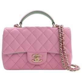 Chanel Mini Rettangolare Bicolor in Agnello Trapuntato con Manico Top Flap Rosa