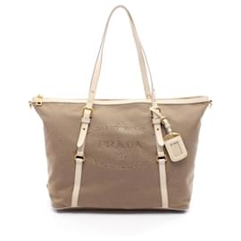 Prada LOGO JACQUARD Canvas Leather Tote Bag