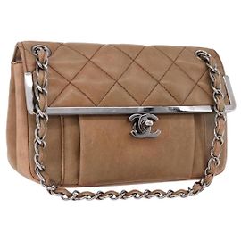 CHANEL Borsa a mano Matelasse con catena in pelle di agnello marrone argento CC Auth yk20623A