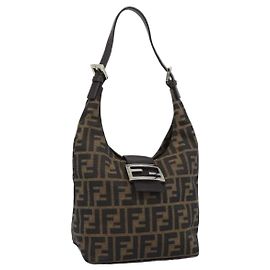 FENDI Zucca Canvas Mamma Baguette Shoulder Bag Brown Gold Auth 192273