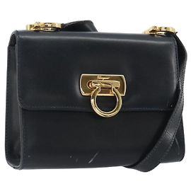 Borsa a tracolla Salvatore Ferragamo Gancini in pelle blu navy e oro Auth BA14387