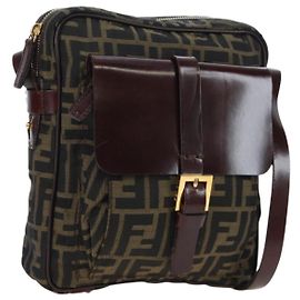 FENDI Borsa a Spalla in Tela Zucca Marrone Nero Autentica ep15102A