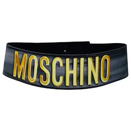 Breiter Moschino Gürtel aus lackiertem Echtleder mit grafischem Logo Schwarz / Gold
