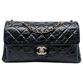 Chanel Black Jumbo CC Quilted Crumpled Calfskin Straight Flap