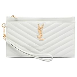 Portafoglio Saint Laurent bianco in pelle grain de poudre con monogramma chevron