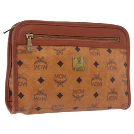 Clutch MCM Logogram Vicetos in pelle PVC Marrone Oro Auth gh2154