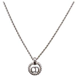 Collana Christian Dior con logo a cerchio di corda in metallo argento Auth SW2521