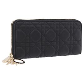 Christian Dior Lady Dior Canage Long Wallet Lamb Skin Black Gold Auth 191131M