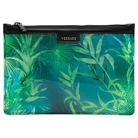 Versace Clutch mit Reißverschluss aus grünem PVC mit Dschungel-Print
