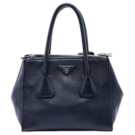 Prada Blue Glace Calf Twin Pocket Double Handle Satchel