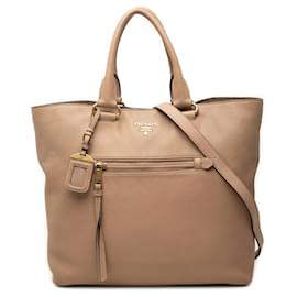 Tote convertibile Prada Beige Vitello Daino con zip frontale