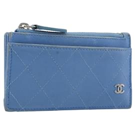 CHANEL Matelassé Münzbeutel aus Leder Hellblau Silber CC Authentisch 186603 - Chanel