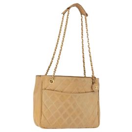 CHANEL Matelasse Chain Shoulder Bag Lamb Skin Beige Gold CC Auth bs36177