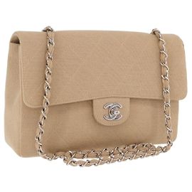 CHANEL Matelasse 25 Chain Shoulder Bag Cotton Beige Silver CC Auth 192083A