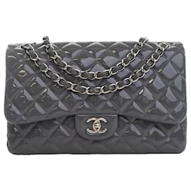 Chanel Gray Jumbo Classic Striped Patent Double Flap