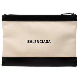 Clutch Balenciaga in tela marrone e blu navy con chiusura a clip M