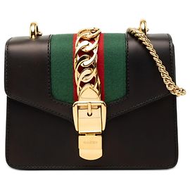 Borsa Sylvie in pelle di vitello nera con banda Web e catena Gucci