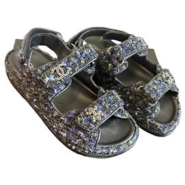 Chanel Multicolor Tweed Sandals with CC Logo