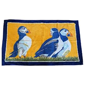 Hermès Baumwoll-Strandtuch mit Papageitaucher-Motiv - Blau & Gelb