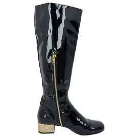 Botas altas de tacón con purpurina Saint Laurent en piel charol negra