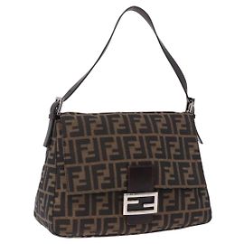 FENDI Zucca Canvas Mamma Baguette Borsa a tracolla Marrone Argento Auth yk20680SAM