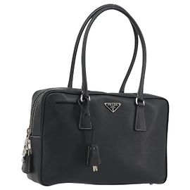 Bolsa Tote PRADA em couro Saffiano preto com detalhes prateados Auth 188279SAV