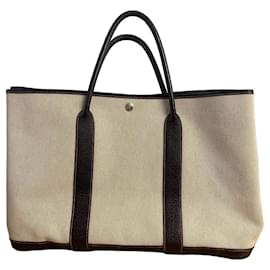 Hermès Garden Party Tote Bag – Beige Canvas & Dark Brown Leather