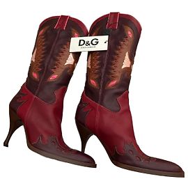 Stivali cowboy D&G in pelle bordeaux e rosso con dettagli di cuciture