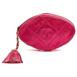 Chanel 1990s Sac Pochette Soie Cuir Rose CC Pink Satin Leather Tassel Clutch Bag