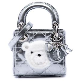 Dior Silver Micro Metálico Charol Cannage Bear Lady Dior