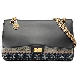 Chanel Black Smooth Calfskin and Knit Reissue 2.55 Medallion Nude Double Flap 226