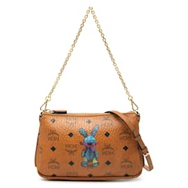 Borsa Satchel Rabbit in tela rivestita Visetos marrone MCM