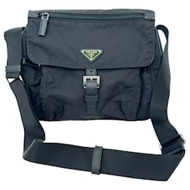 Prada Small Buckled Messenger Bag in Black Nylon